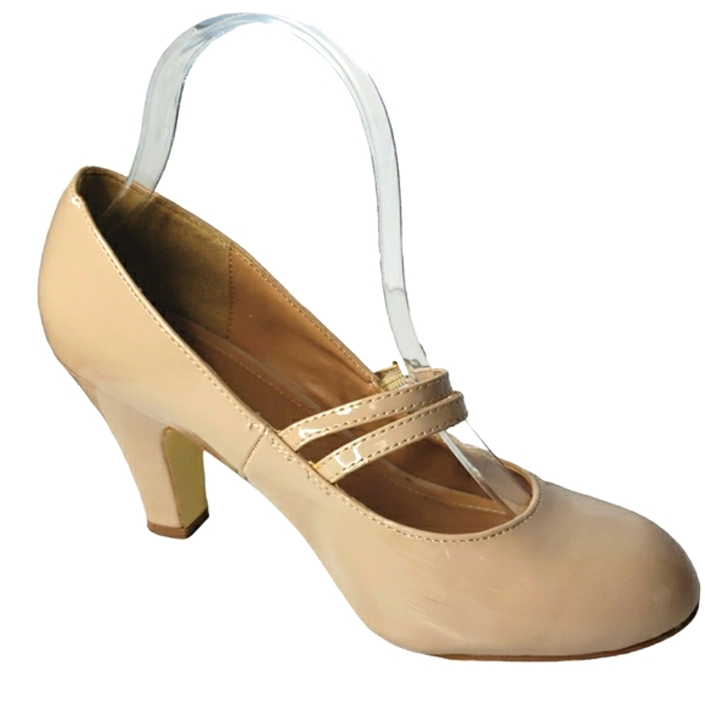 Bridesmaid Faux Patent Double Strap Mary Jane Heels Neutral Office Brinley 7.5